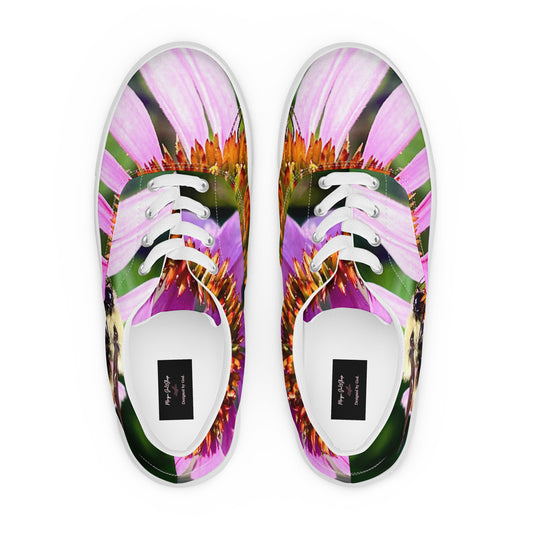 Right side view of Men's Lace-Up Canvas Shoes with a vibrant custom floral design of a bumblebee on a pink coneflower, blended into a colorful pattern with pink, orange, and green accents on a white background. 